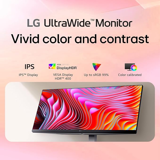 LG 34“ UltraWide IPS Monitor 21:9 WFHD (2560 x 1080) Display 100Hz Refresh Rate VESA DisplayHDR 400 HDR10 Flicker Safe USB Type-C HDMI DisplayPort Height/Swivel/Tilt Adjustable Stand White