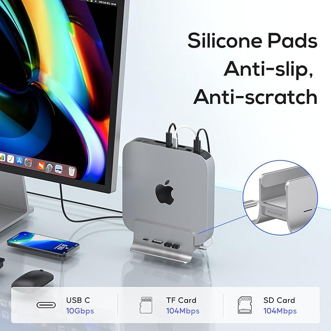 USB C Hub for Mac mini 5 in 1USB Hub Adapter Support M.2 NVMe SSD Expand Docking Station with 2 USB C 10Gbps SD/TF Card Reader M.2 SSD (Not Included)