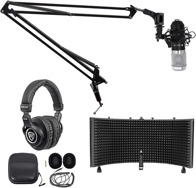 Rockville RCM01 Bundle: Pro Studio Condenser Microphone with Shock Mount DMS40 40 in Boom Arm Stand with Desk Clamp PRO-M50 Headphones ROCKSHIELD 3 Mic Isolation Shield 4-Items