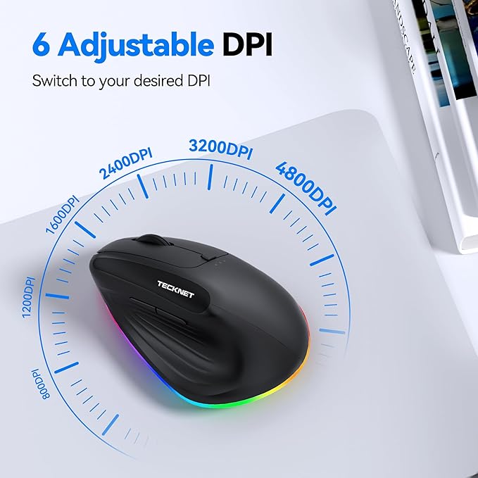 TECKNET RGB Rechargeable Wireless Ergonomic Mouse - USB+Bluetooth Multi-Device LED Vertical Mouse with 11 RGB Backlight Modes 4800 DPI Adjustable Ergo Mice for Windows and Mac Black