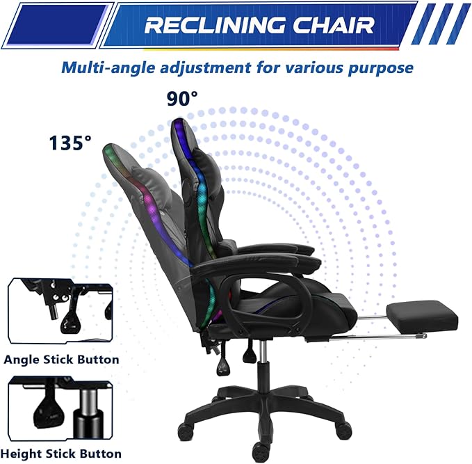 Massage Gaming Chair with Speakers Video Game Chair with RGB LED Lights Ergonomic Racing Office Chair PU Leather Recliner Computer Chair Swivel Chair with Headrest Armrest Lumbar SupportPink