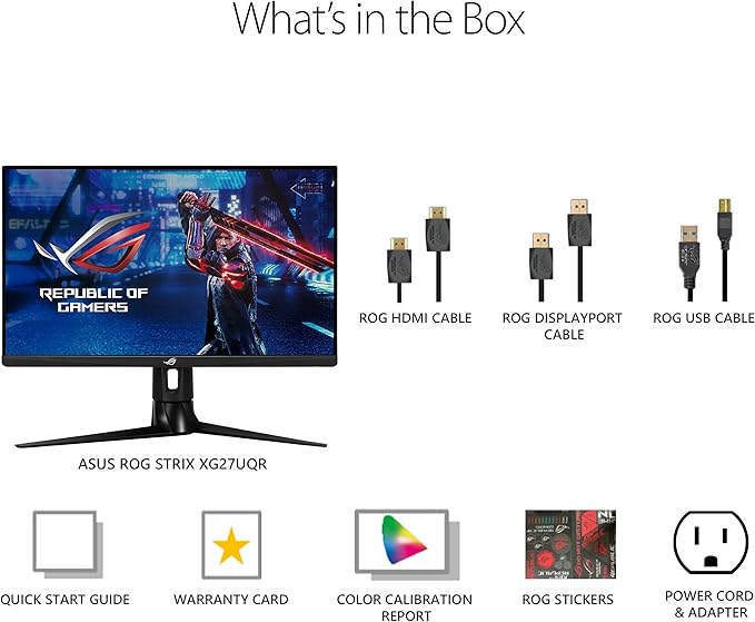 ASUS ROG Strix 27” 4K HDR 144Hz DSC Gaming Monitor (XG27UQR) - UHD (3840 x 2160) IPS 1ms Extreme Low Motion Blur DisplayHDR 400 DCI-P3 90% G-SYNC Compatible Eye Care DisplayPort HDMI USB 3.0