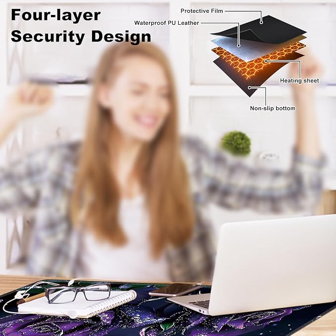 Heated Desk Pad 31.5 x 13 3 Large Heated Mouse Pad with Heat Levels (40°C/45°C/50°C) &amp 3H Auto Shut-Off Desk Mat Fast Heating PU Leather Warmer Mousepad for Home Office - Purple Rose Flowers