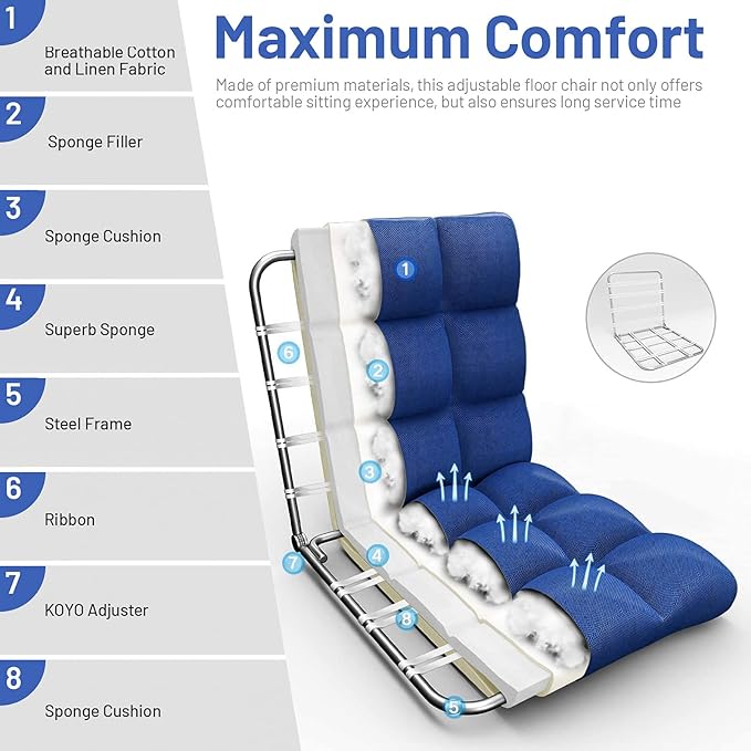GORELAX Floor Chair with Back Support 14-Poistion Adjustable Folding Gaming Chair Recliner Meditation Chair with Steel Frame Padded Lazy Sofa Chair for Adults Kids (Blue)