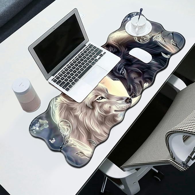 White and Black Wolf Love Rose Desk Mat Mouse Pad 31.5 x11.8 XL Extended Mousepad Huge Mouse Pads with Stitched Edges Desk Pad for Work Game Office Home