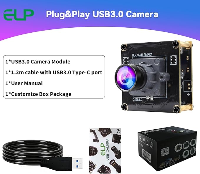 ELP High Speed USB3.0 Camera Module 1080P/230fps 4K/60fps 12MP/30fps Mini UVC USB3.0/2.0 Lightburn Cameras for Windows Linux Mac Pi Wide Angle 88°(H) IMX577 Webcam Board for PC Jetson Nano