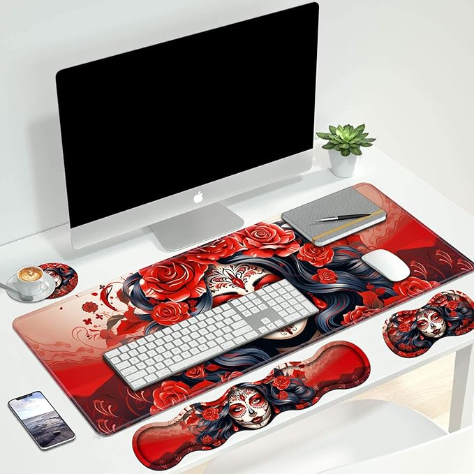 4 in 1 Ergonomic Keyboard Wrist Rest &amp Mouse Pad Wrist Rest Set Large XXL Gaming Desk Mat 31.5x 11.8 with Non-Slip Base Memory Foam for Home Office Study Gaming Sugar Skull Girl Roses
