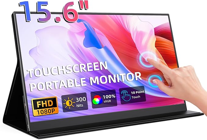 Portable Monitor 15.6 1080p IPS Touchscreen Portable Monitor Mini HDMI/USB C Dual Speakers with Cover for Switch PS4/5 Laptop Phone