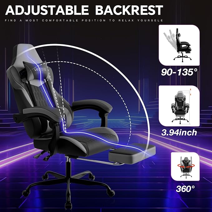 Gaming Chair with Footrest High Back Gaming Chairs PVC Leather Ergonomic Gamer Chair with Adjustable Headrest Lumbar Support Racing Style Video Gaming Chair for Office/Home (BlackGrey)