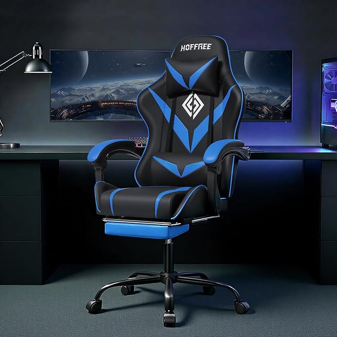 Gaming Chair with Massage Ergonomic Computer Chair with Footrest and Lumbar Support Reclining PC Game Chair for Boys with Adjustable Armrest and Headrest Blue