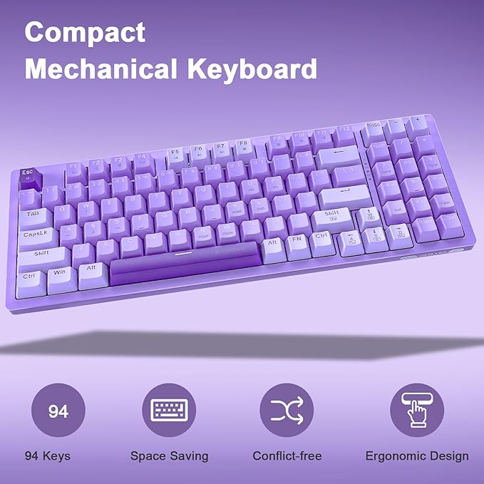 HUO JI Mechanical Gaming Keyboard USB Wired Compact with Number Pad Purple Led Backlit Red Switch Detachable Type C Cable 94 Keys for PC/Computer/Laptop Purple and White