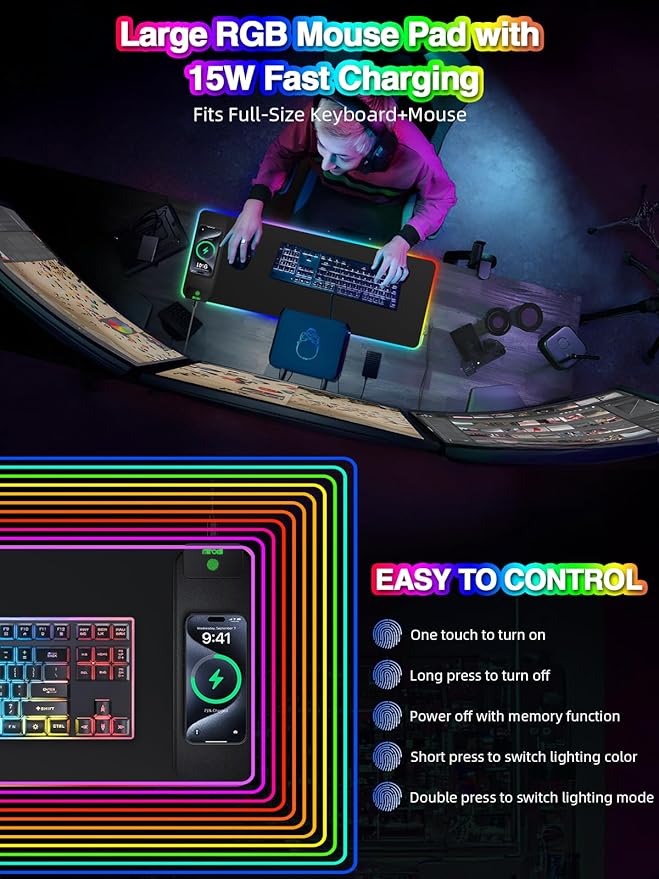 Magnetic Charging Mouse Pad 31.5x11.81 Inch XL Gaming Mousepad 11+5 RGB Lighting Modes Home Office Large Desk Pad with Ultra-Smooth Surface Non-Slip Waterproof Keyboard Pad Classic Black Desk Mat