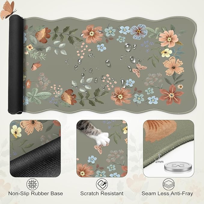 Desk Pad Mat Green Wrist Rest Support for Mouse Pad&ampKeyboard Set Scalloped Vanity mat Protector for Makeup Cute Floral Nail Mat Aesthetic Desk Protector for Women's Office Home Dorm
