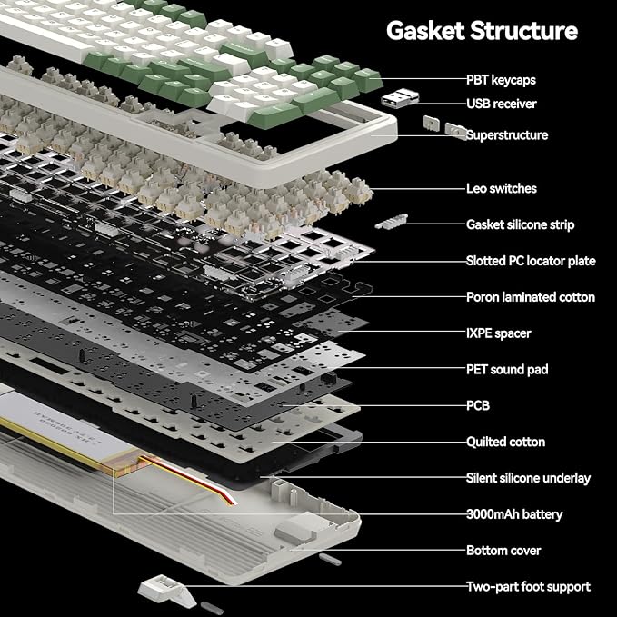 AUSDOM 98Pro Wireless Mechanical Keyboard Tri-Mode BT/2.4GHz/USB-C Hot Swappable Custom Gaming Keyboard with Backlit Gasket Structure Linear Switches for Windows/Mac/PC (Green&ampWhite 97keys)