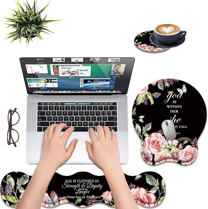 3 in 1 Keyboard Wrist Rest + Mouse Pad and Coaster Ergonomic Gel Mouse Pad and Keyboard Pad Set Comfortable Lightweight for Easy Typing Pain Relie Floral Quote Bible Verse Psalm 46:5