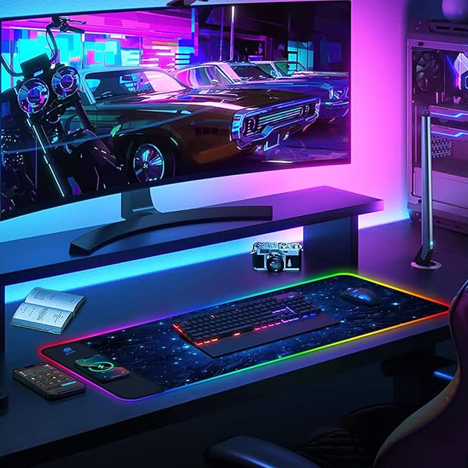 AIMSA RGB Gaming Mouse Pad with Wireless Charging Large Keyboard Mouse Pad with 14 LED Light Modes Non-Slip Rubber Base Waterproof Desk Pad for Home Office Decor Blue Meteor Starry Sky