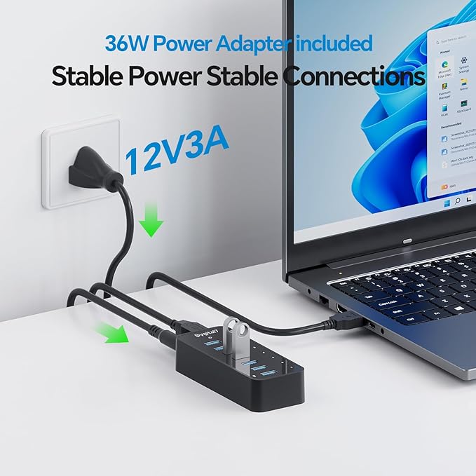 USB 3.0 Hub 7Ports USB Hub with 1BC1.2 Ports Multi USB Data Hub Compatible with Mac Laptops Desktop All USB Devices Mobile and HDD USB 3.0 Splitter (36W Adapter Included)