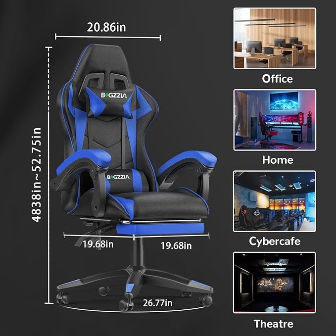 Gaming Chair with Footrest High Back Ergonomic Computer Gamer Chair with Headrest and Lumbar Support Racing Style Reclining Game Chair for Adults Kids (Blue-Black)