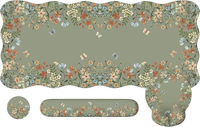 iCasso Desk Mat SetLarge Mouse Pad with Wrist RestErgonomic Keyboard Wrist Support for WomenGirly Floral Computer Mat with Scalloped EdgesNon-Slip Desk Pad Home Office Gaming (Green)