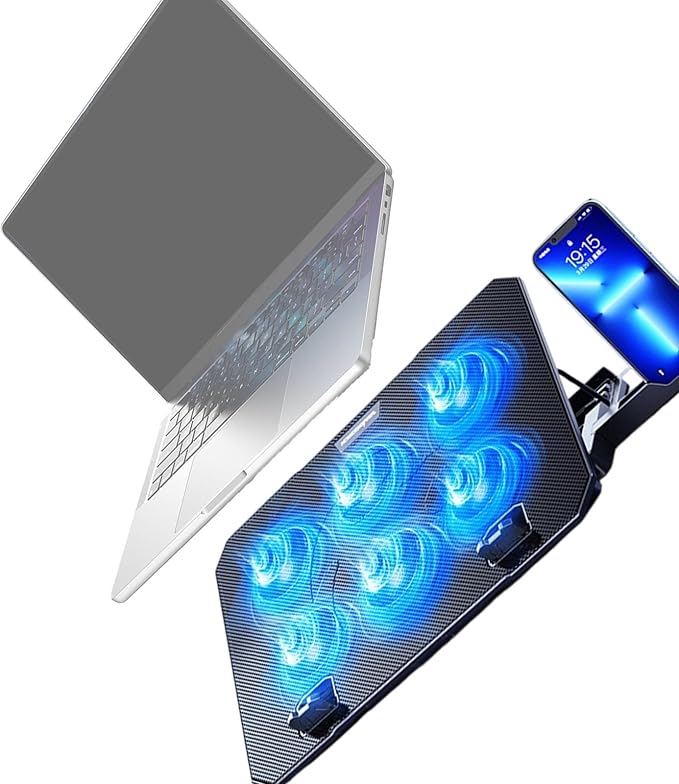 6 Quiet Fan Laptop Cooling Lighting Adjustable Foldable Cooling Pad LED Light Fan with 2 USB Port Phone Holder Travel Accessory