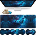 Large XXL Gaming Desk Mat 31.5x 11.8 Ergonomic Keyboard Wrist Rest &amp Mouse Pad Wrist Rest + Coaster Set Non-Slip Base Memory Foam Office and Home Nebular Wolf