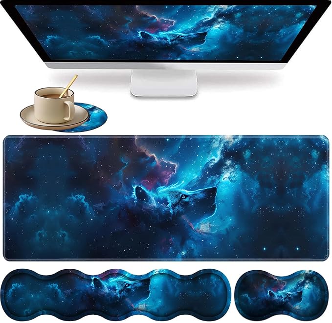 Large XXL Gaming Desk Mat 31.5x 11.8 Ergonomic Keyboard Wrist Rest &amp Mouse Pad Wrist Rest + Coaster Set Non-Slip Base Memory Foam Office and Home Nebular Wolf