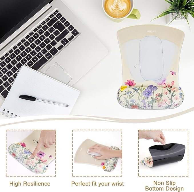 MEGREZ 4-in-1 Ergonomic Memory Foam Wrist Rest Set Desk Pad Mouse Pad with Wrist Rest Keyboard Pad Suitable for Office Workers Programmers &amp Gamers–Relieve Typing &amp Gaming Fatigue Light