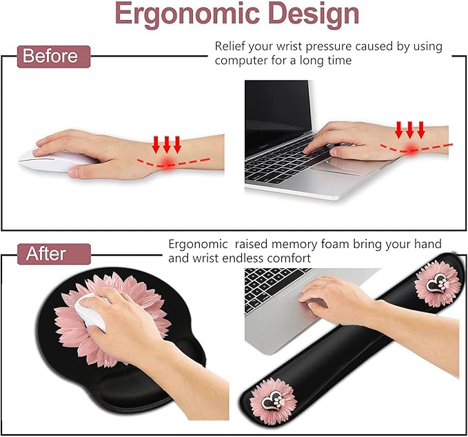 Mouse Pad with Wrist Support Ergonomic Gel Mouse Pad Memory Foam Keyboard Wrist Restfor Office Typing Games Sunflower and Dog Paw Print Pet and Pink Flowers Desktop Decoration