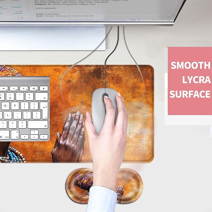Mouse PadLarge Desk Mat Set 4in1 XL Mousepad + Keyboard Wrist Rest+Mouse Wrist Rest+Coaster with Ergonomic Desk Pad for Home Office Table Computer Cover -African Woman in Prayer Art