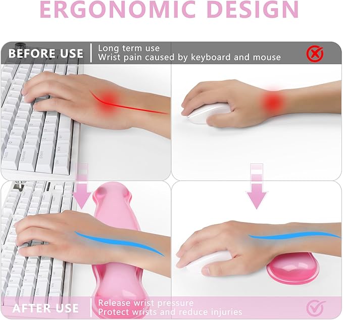 Gel Keyboard and Mouse Wrist Rest Cute Wrist Support and Arm Support Keyboard Rest for Keyboard and Mouse Typing Pain ReliefSuitable for Office/Computer/Laptop/Gaming (Transparent Pink Set)