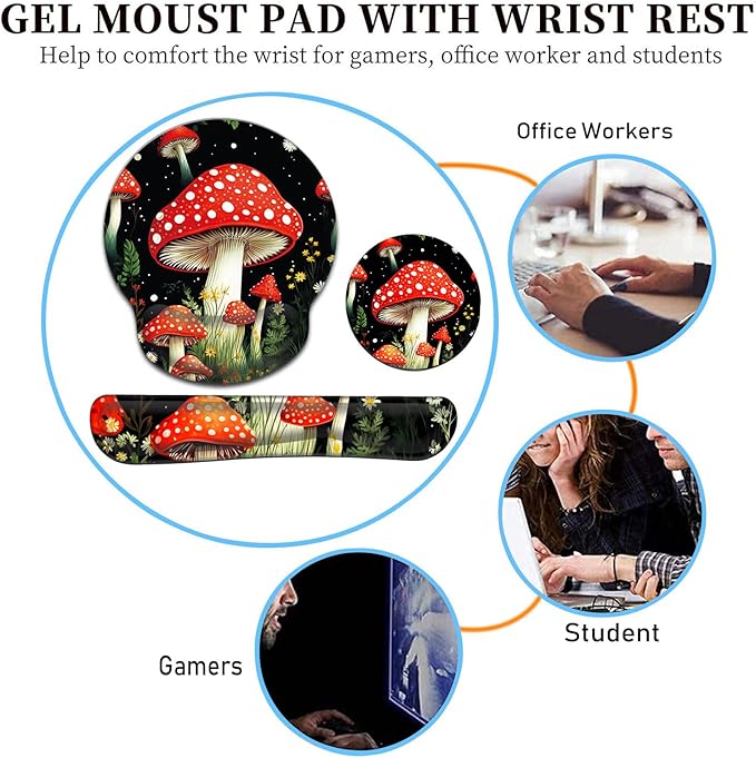 Keyboard Wrist Rest and Mouse Pad Wrist Support Set with CoastersErgonomic Gaming Mousepad for Home Office Working Studying Easy Typing &amp Pain ReliefCute Forest Mushroom