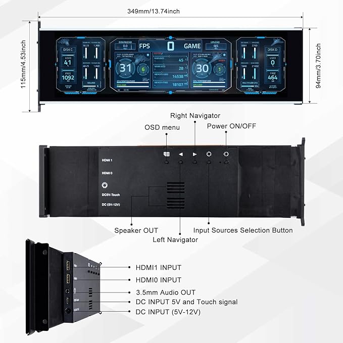 GeeekPi 12.6 Inch IPS LCD Touch Screen Monitor FHD 1920x515 Display Fit for Hyte Y60 PC Case CPU GPU Secondary Monitor Panel Built-in Dual Speakers Plug &amp Playwith up to 10-Points of Multi-Tou