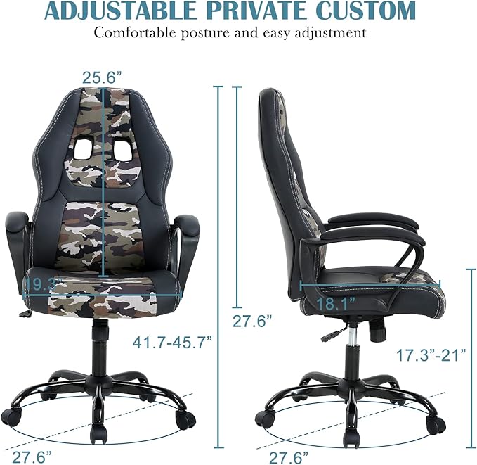 Computer Chair Ergonomic Desk Chair Racing Gaming Chair with Armrest &ampHeight Adjustable High Back Computer E-Sports Chair Task Swivel Executive Seat PU Leather Chair for Home Office (Camo)