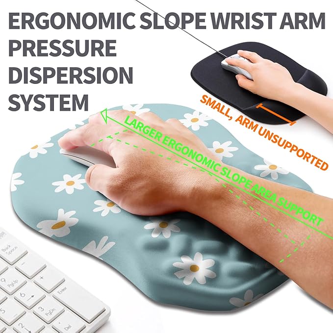 Ergonomic Slope Mouse Pad Wrist Support Wrist Rest Mousepad for Carpal Tunnel Pain Relief with Massage Bulge and Slow Rebound Memory Foam (12x8 inch White Flowers)