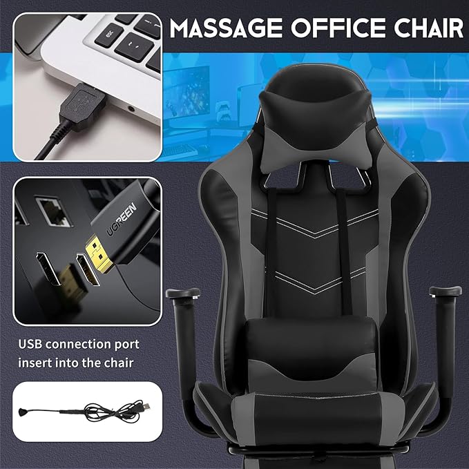 BLKMTY Massage Gaming Chair with Footrest Ergonomic Office Chair Racing Computer Chairs PU Leather with High Back Lumbar Support Headrest Reclining Chairs Grey