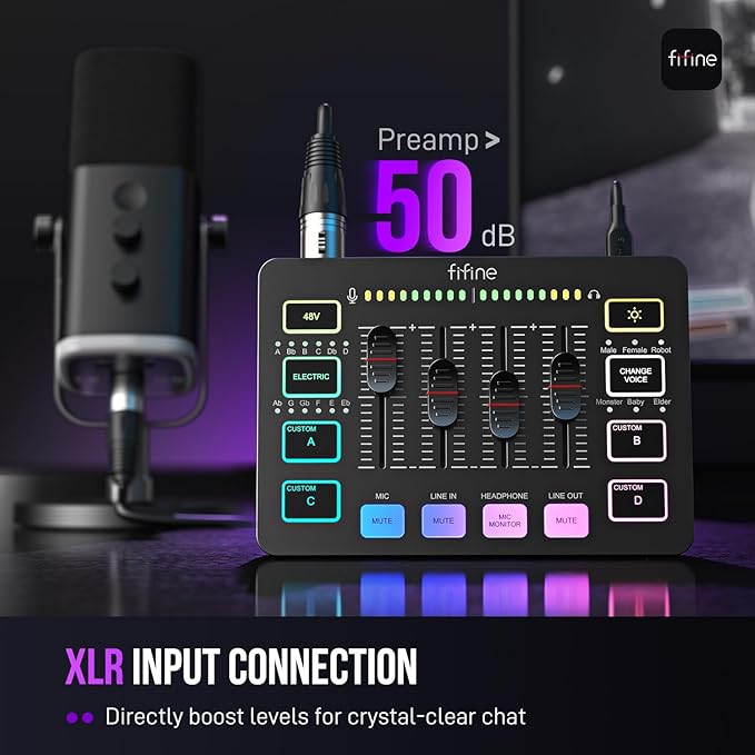 FIFINE USB/XLR Dynamic Microphone with Audio Mixer&ampRGB Boom Arm Kit Streaming Mic with Quick Mute PC Mixer with 48V Phantom Power RGB Metal Mic Arm with 3/8 to 5/8 Screw for Podcast-AM8+SC3+B