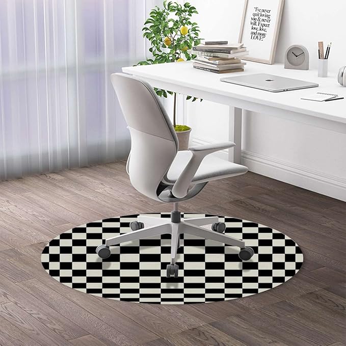 White Charcoal PU Leather Office Chair Mat for Hardwood Floor Checkers Game Geometric Grid Style Computer Chair Matfor Rolling ChairLarge Floor Protector Checkered Diameter 35.4 in