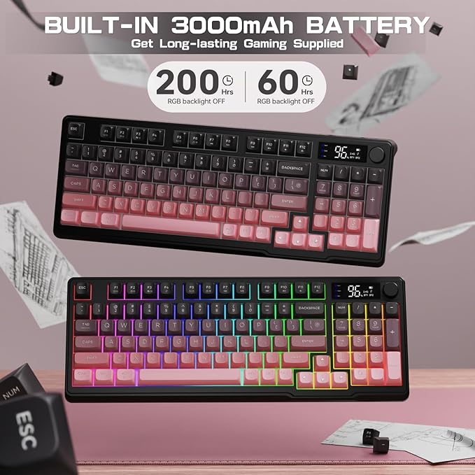LexonElec M96 Wireless Keyboard Low Profile Quiet Typing Membrane Gaming Keyboard with Smart Display &amp Knob RGB Backlit USB C Rechargeable 94 Keys PBT Keycap for Windows PC Mac Linux-BlackBe