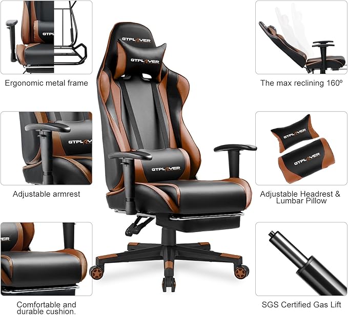 GTPLAYER Gaming Chair with Footrest Ergonomic Computer Game Desk Chair Reclining Gaming Chair Seat Height Adjustment Swivel Rocker with Headrest and Lumbar (Brown)