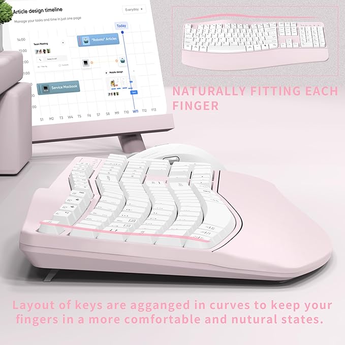 Ergonomic Wireless Keyboard and Mouse Combo Wave Keys Keyboard with Wrist Rest for Natural Typing 3 DPI Adjustable Ergonomic Silent Mouse for Computer/Laptop/Windows/Mac (Pink)