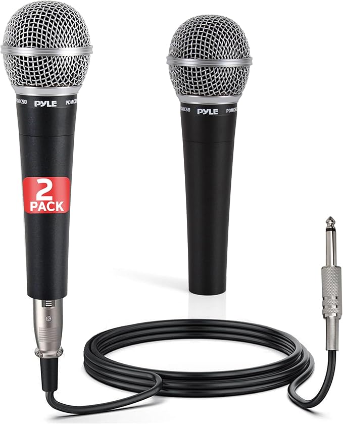 Pyle Professional Dynamic Microphone - 2-Pack Unidirectional Handheld Mic with Built-in Pop Filter High Signal Output 15 ft. XLR Audio Cable Ideal for Stage Karaoke &amp Studio Performances