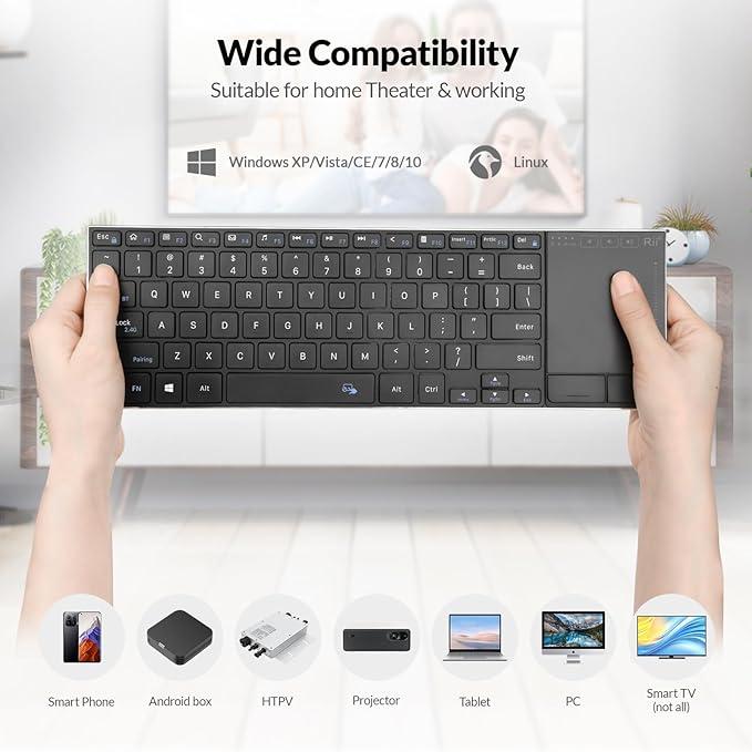 Rii 2.4G Wireless KeyboardBluetooth Keyboard(BT 5.1+2.4G)Aluminium Alloy Portable with Touchpad for ComputerPCTabletiPadAndroid TV BoxSmart TVWindowsMac (Black)