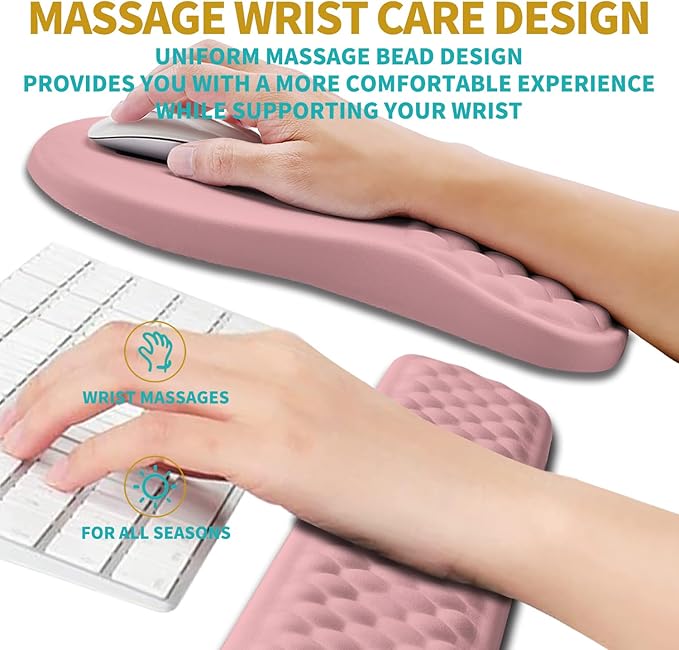 Hokafenle 2 in 1 Ergonomic Mouse Pad Wrist Support &amp Wrist Rest for Computer Keyboard Set with Relieve Carpal Tunnel Pain Massage Bulge and Full Memory Gel Design (2In1 Set Pink)