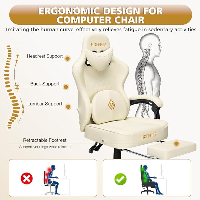 HOFFREE Gaming Chair Computer Chair with Speakers Massage Game Chairs with Footrest Bluetooth High Back Ergonomic Computer Gaming Chairs for Adults Reclining Video Gamer Chair Ivory