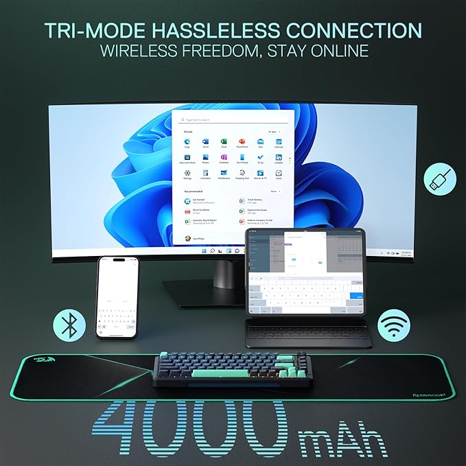 Redragon K724 PRO Wireless Gasket Gaming Keyboard w/Hype Screen &amp Knob 81-Key Mechanical Keyboard Easy-Control 1.14’’ TFT Info Display 5-Layer Noise Dampening Custom Linear Switch Dark Jade C