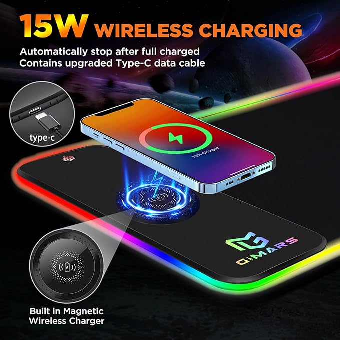 Gimars RGB Gaming Mouse Pad15W Wireless Charging Mousepad with 10 Light Modes Large Mousepad with Premium Smooth Surface Non-Slip Mouse Mat for Gaming Desk PCOffice 31.5x11.8x0.16inch