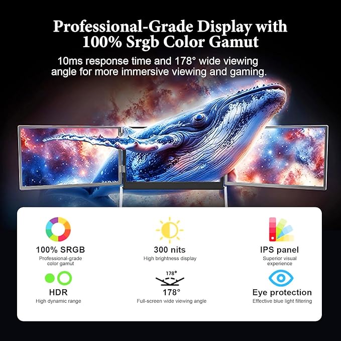 15.6 Portable Triple Monitor for Laptop Full HD IPS Screen Extender Play USB-C HDMI Multi-Screen Display for Windows MacBook Designers