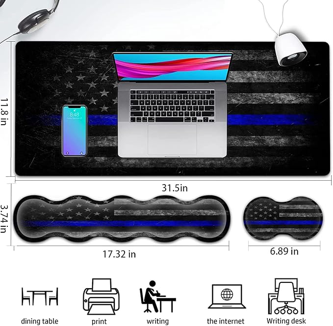 Large Gaming Mouse Pad with Stitched EdgesExtended XXL MousepadOffice Desk Pad Writing Pad31.5 x 11.8 inErgonomic Memory Foam Keyboard Wrist Rest SupportVintage Blue Black American Flag Desk Mat