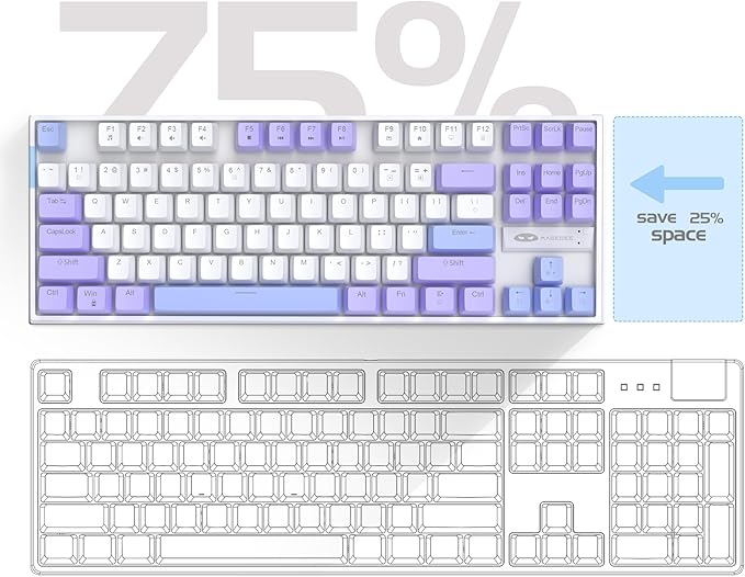 MageGee 75% Mechanical Gaming Keyboard Red Switch LED Blue Backlit 87 Keys Compact TKL Wired Computer Keyboard for Windows Laptop PC Gamer - White/Purple