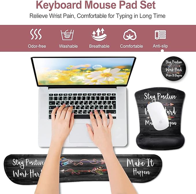 Ergonomic Mouse Pad with Gel Wrist Rest SupportNon-Slip PU Base for Computer Laptop Home Office Stay Positive Work Hard and Make It Happen Memory Foam Keyboard Wrist RestSilver Glitter Black Quote